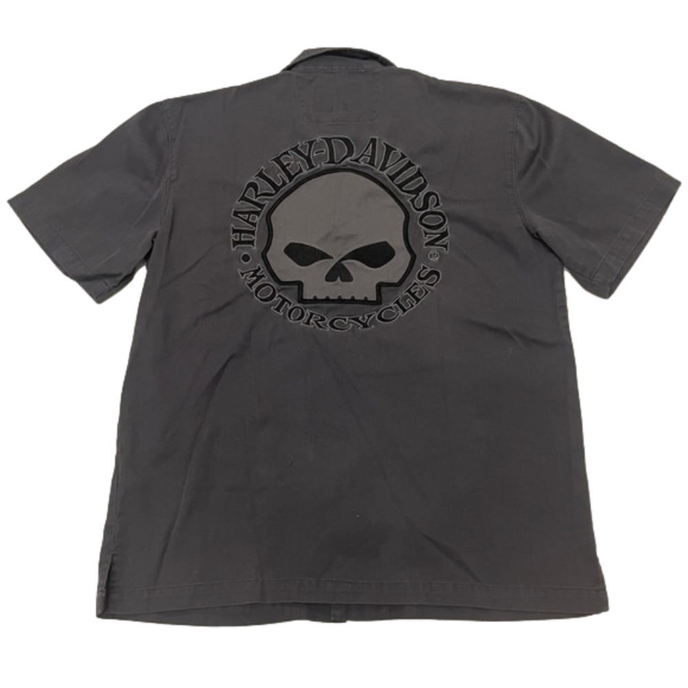 𝅺Harley Davidson Button Up Polo Tee Shirt Embroidered Motorcycle Skeleton Shirt